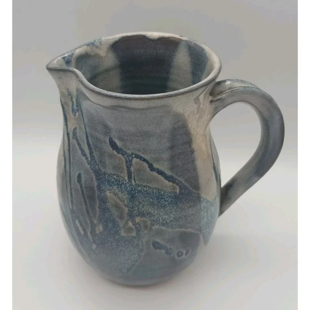 Studio Pottery Pitcher Signed Blue Gray Drip Redware